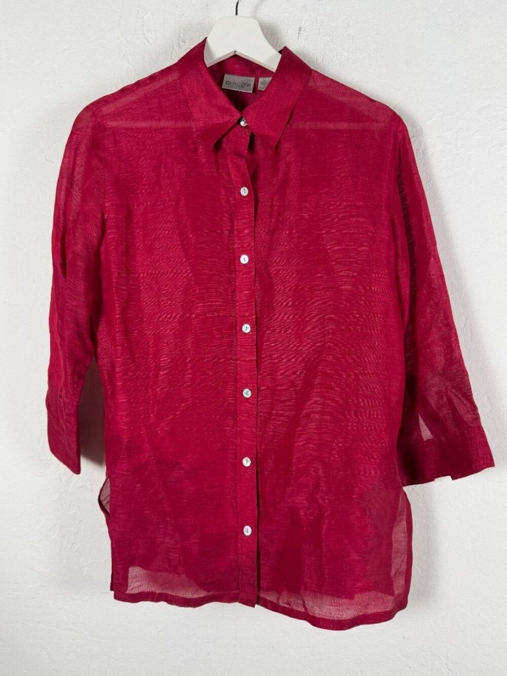 Chico's Sheer Linen Tunic Blouse Pink Raspberry Wavy Texture Button Up Top Sz 0